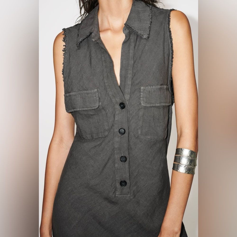 New ZARA LINEN SHIRTDRESS size XS S long Midi 100% linen Sleeveless V-neck dress - Picture 8 of 16